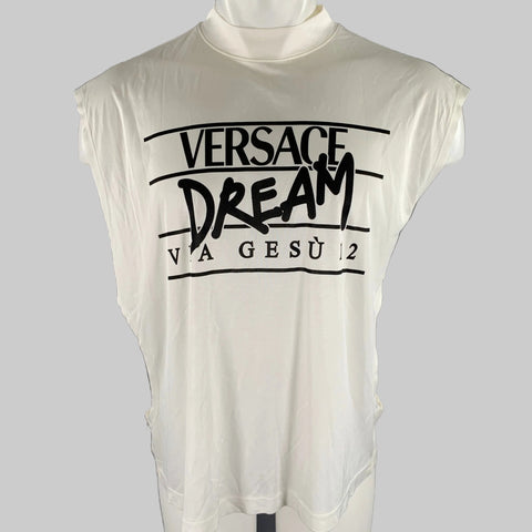 White sleeveless shirt with black text on a gray background