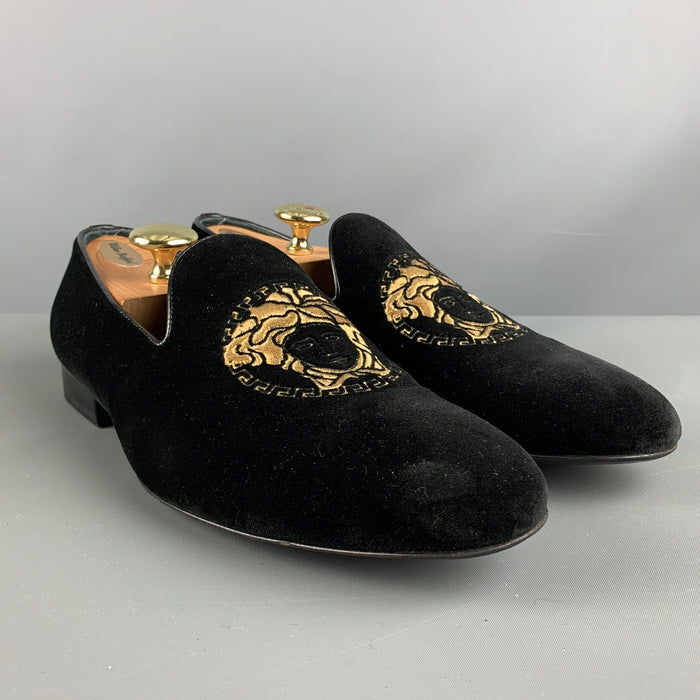 VERSACE Size 9 Black Gold Embroidery Velvet Slip On Loafers