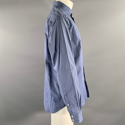 MAN 1924 Size L Blue Solid Cotton Garment Dyed Long Sleeve Shirt