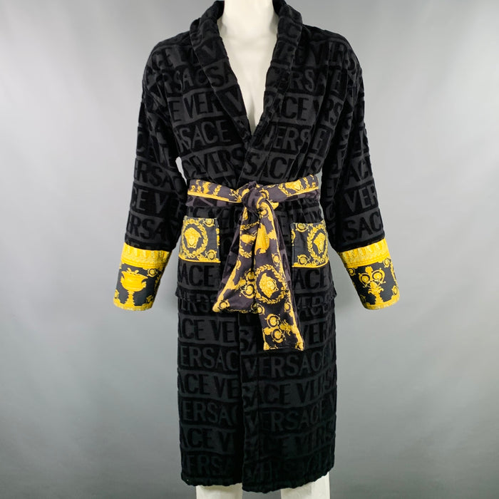 VERSACE Size XL Black Gold Textured Cotton Shawl Collar Robe