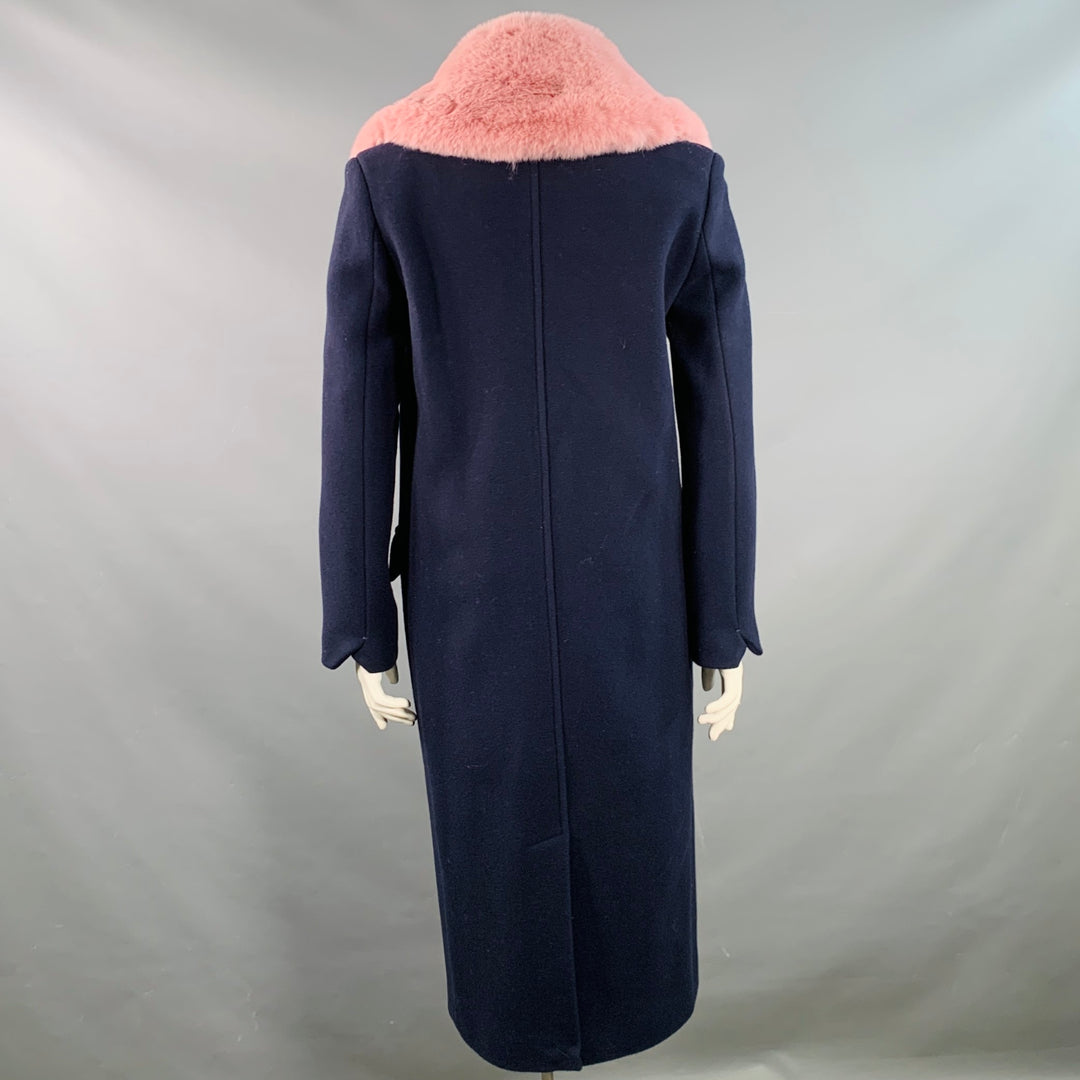 ZADIG & VOLTAIRE Size L Manon Navy Pink Wool Cashmere Blend Fur Collar Notch Lapel Coat