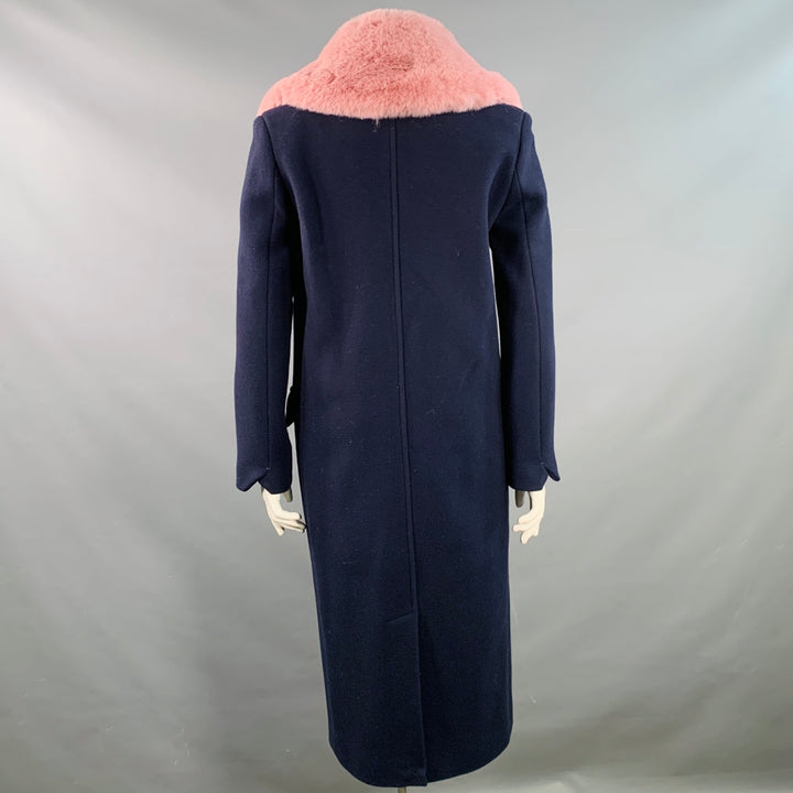 ZADIG & VOLTAIRE Size L Manon Navy Pink Wool Cashmere Blend Fur Collar Notch Lapel Coat