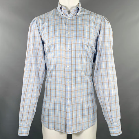 LUCIANO BARBERA Size M Blue Orange Plaid One Pocket Long Sleeve Shirt