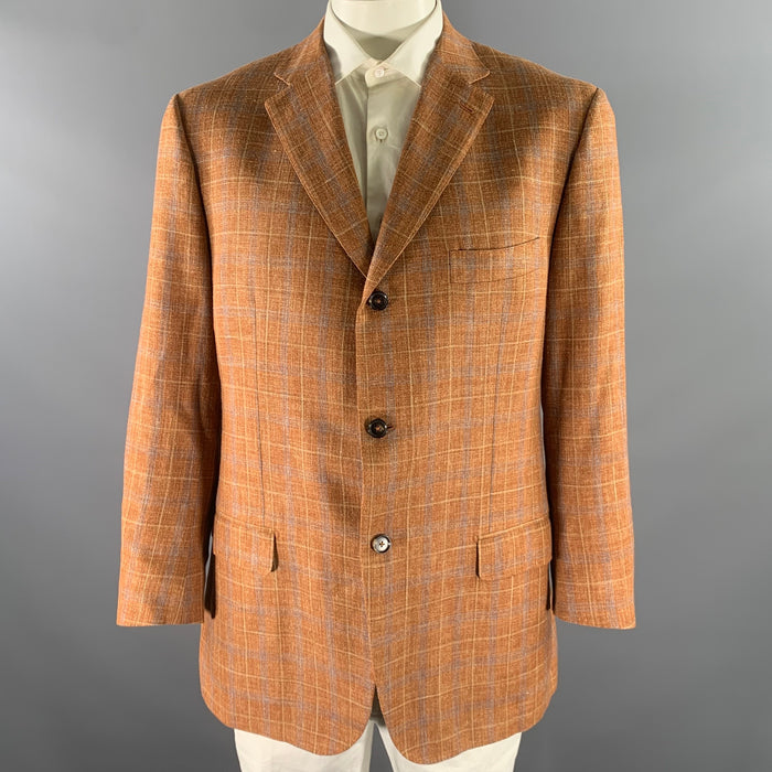 ISAIA Size 46 Orange Blue Camel Plaid Wool Blend Notch Lapel Sport Coat