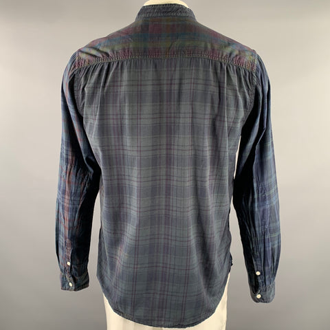 WOOLRICH Size L Navy Green Plaid Cotton Band Collar Long Sleeve Shirt