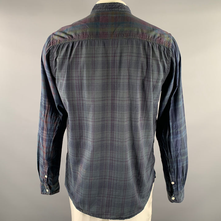 WOOLRICH Size L Navy Green Plaid Cotton Band Collar Long Sleeve Shirt
