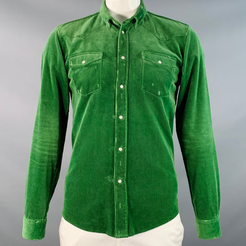 BALMAIN Size L Green Corduroy Cotton Distressed Western Long Sleeve Shirt