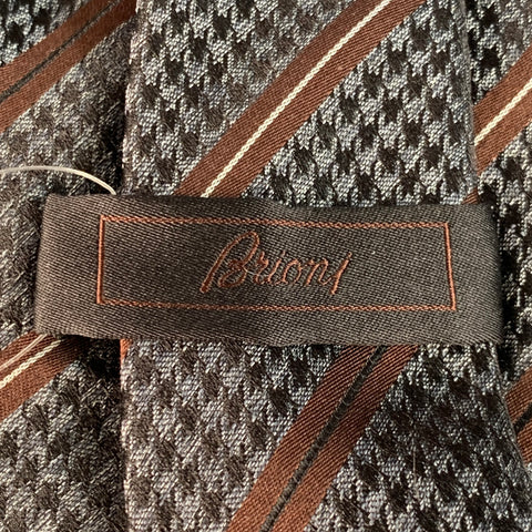 BRIONI One Size Brown Grey Houndstooth Diagonal Stripe Silk Tie