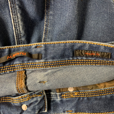 ALBERTO Size 34 Indigo Solid Cotton Blend Skinny Jeans