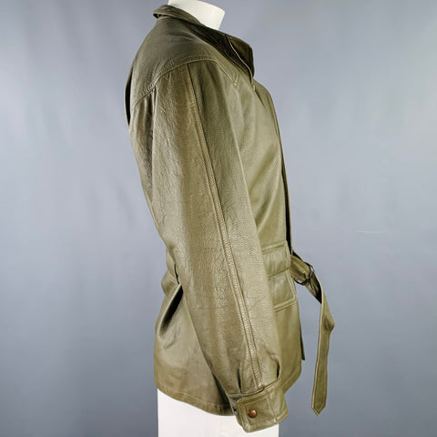 Veste zippée FIOCCHI en cuir vert avec ceinture – Taille 44