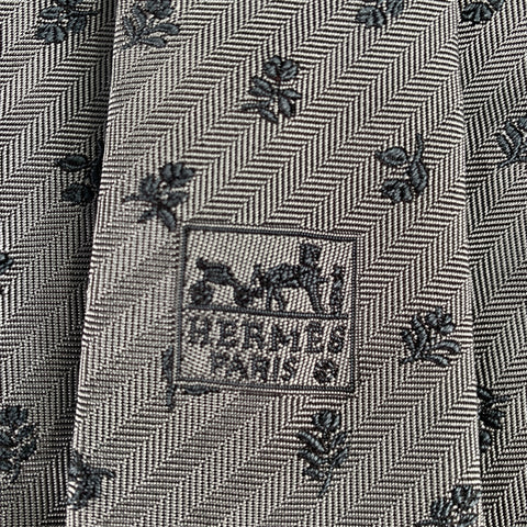HERMES Grey Charcoal Floral Silk Jacquard Tie