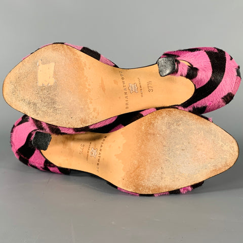 BRIAN ATWOOD Size 7.5 Pink Brown Stripe Calf Hair Peep Toe Heels Pumps