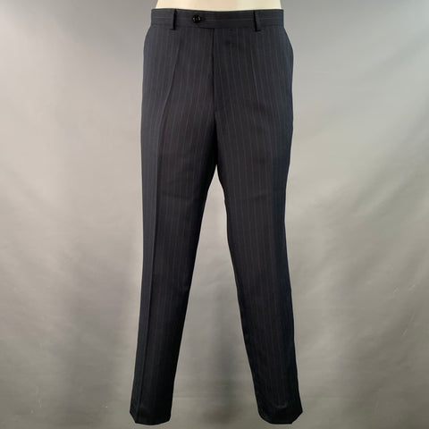 ASTOR & BLACK Size 44 Navy Blue Pinstripe Single Breasted Peak Lapel 3 Piece Suit