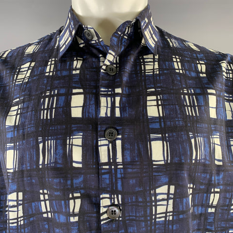 PRADA Size M Navy White & Black Tartan Cotton Cropped Short Sleeve Shirt