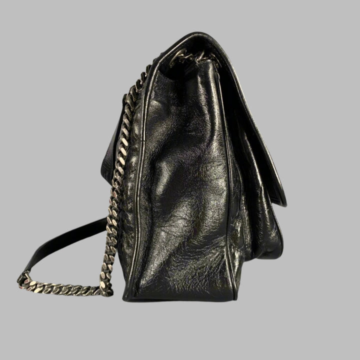 SAINT LAURENT Black Silver Chevron Leather Shoulder Bag Handbag