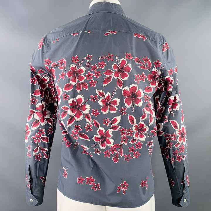 VALENTINO Size S Grey Magenta Floral Cotton One Pocket Button Up Long Sleeve Shirt