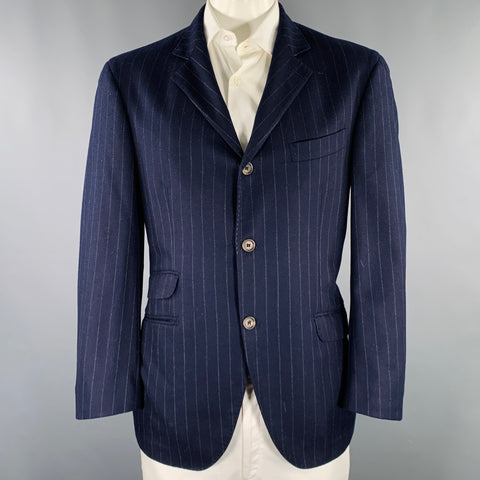 BRUNELLO CUCINELLI Taille 44 Veste Sport Laine Cachemire Rayée Bleu Marine Grise