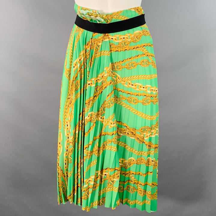 BALENCIAGA Size 6 Green Gold Polyester Chain Pleated Midi Skirt