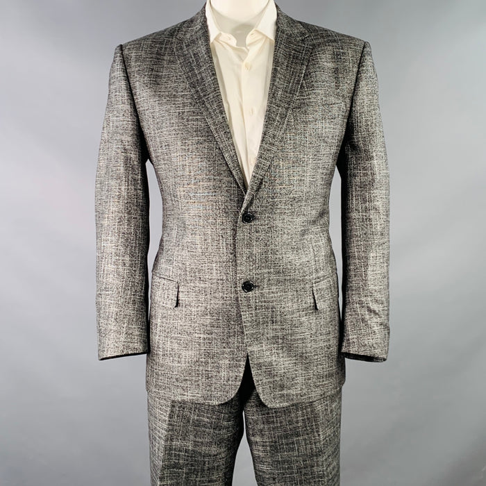 VERSACE COLLECTION Size 46 Black White Woven Bamboo Single Breasted Suit