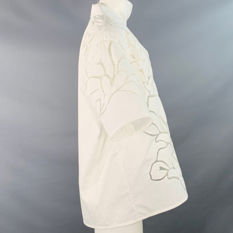 VALENTINO Taille M Chemise Manches Courtes En Dentelle De Coton Et Soie Avec Patte De Boutonnage Cachée Blanche