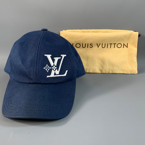 LOUIS VUITTON Size L Navy White Embroidered Cotton Hat