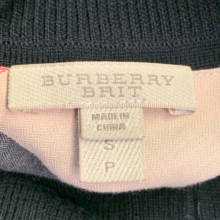 BURBERRY BRIT Size S Black Multi Color Check Contrast Trim Merino Wool 1/4 Zip Pullover