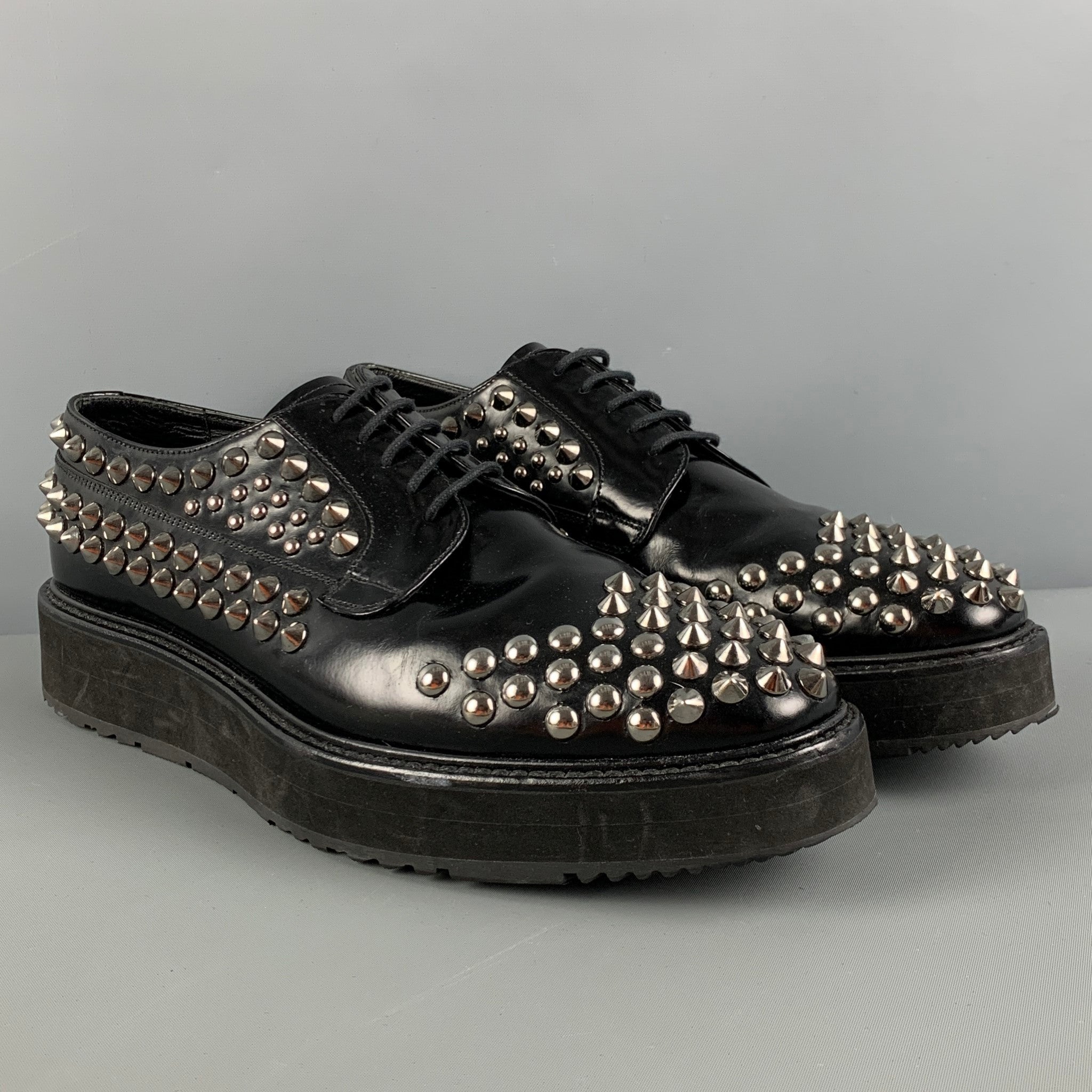 PRADA Size 9 Black Silver Studded Leather Platform Lace-Up