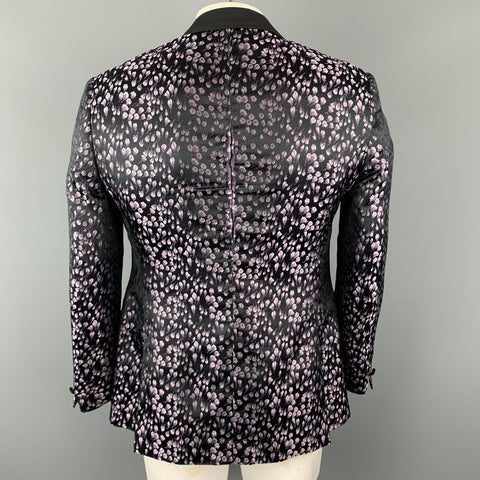 JOHN VARVATOS Size 42 Black & Lavender Floral Jacquard Silk Peak Lapel Sport Coat