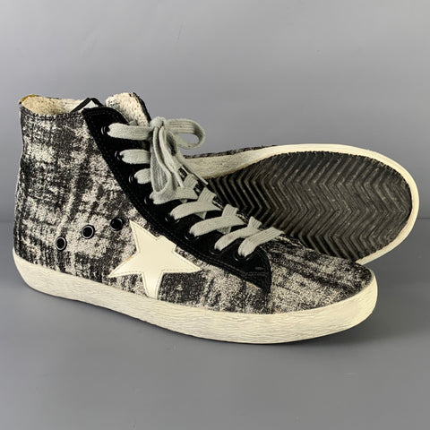 GOLDEN GOOSE Size 8 Black Silver Canvas Marbled High Top Sneakers