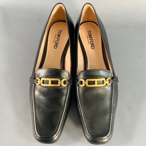 TOM FORD Mocassins plats à enfiler en cuir noir et doré avec chaîne, taille 7