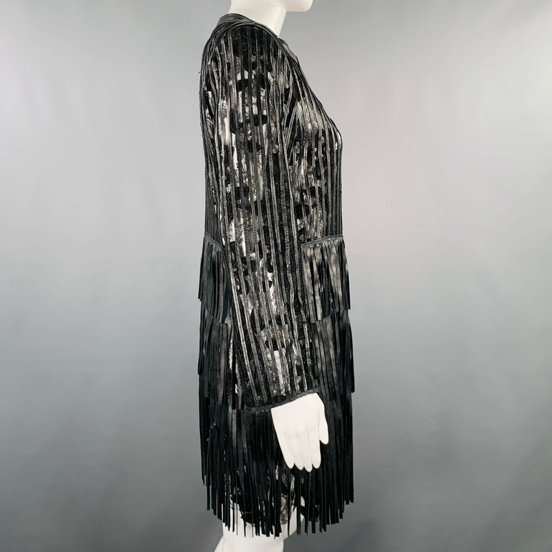 CABAN ROMANTIC Size 8 Black Lace Leather Fringed Coat