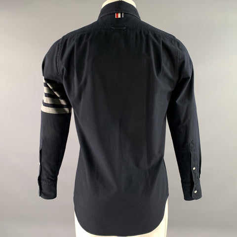 THOM BROWNE Size S Navy Grey Cotton Arm Stripe Long Sleeve Shirt