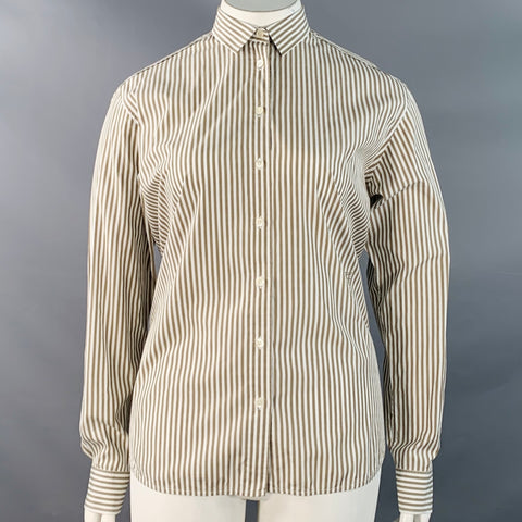 TOTEME Size L White Brown Cotton Stripe Point Collar Button Down Shirt