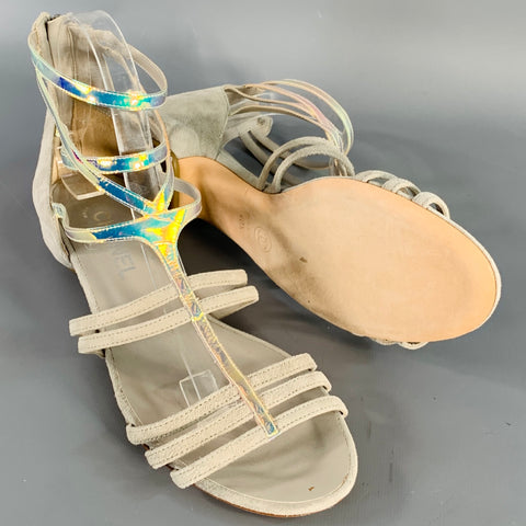 CHANEL Size 9.5 Grey Iridescent Suede Cage Sandals
