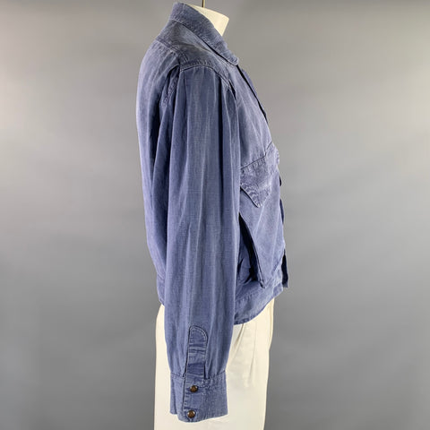 THIERRY MUGLER Size 40 Blue Distressed Linen Cropped Jacket