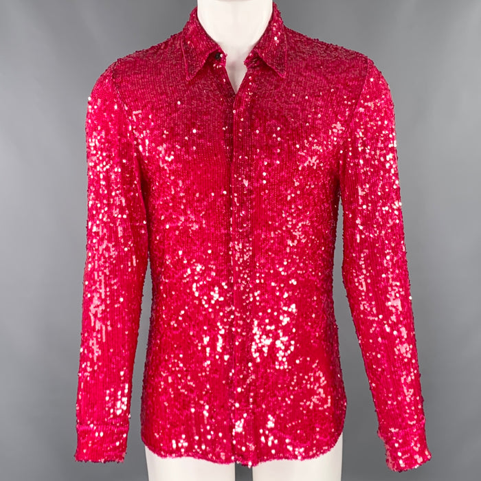 DRIES VAN NOTEN FW22 Size S Red Sequined Viscose Hidden Placket Long Sleeve Shirt