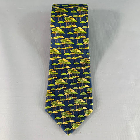 SALVATORE FERRAGAMO Navy Green Abstract Tree Silk Tie