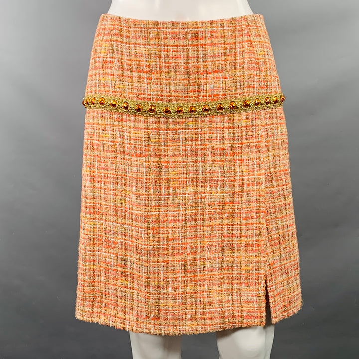 DOLCE & GABBANA Size 4 Orange Gold Cotton Blend Embellishment Skirt Suit Set