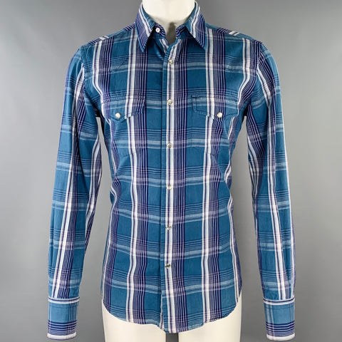 TOM FORD Size M Blue Navy Plaid Cotton Western Long Sleeve Shirt