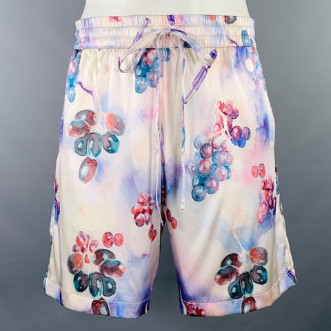 Shorts en soie NAHMIAS taille L, motif raisin Swishers, couleurs violet et crème, avec cordon de serrage, effet aquarelle