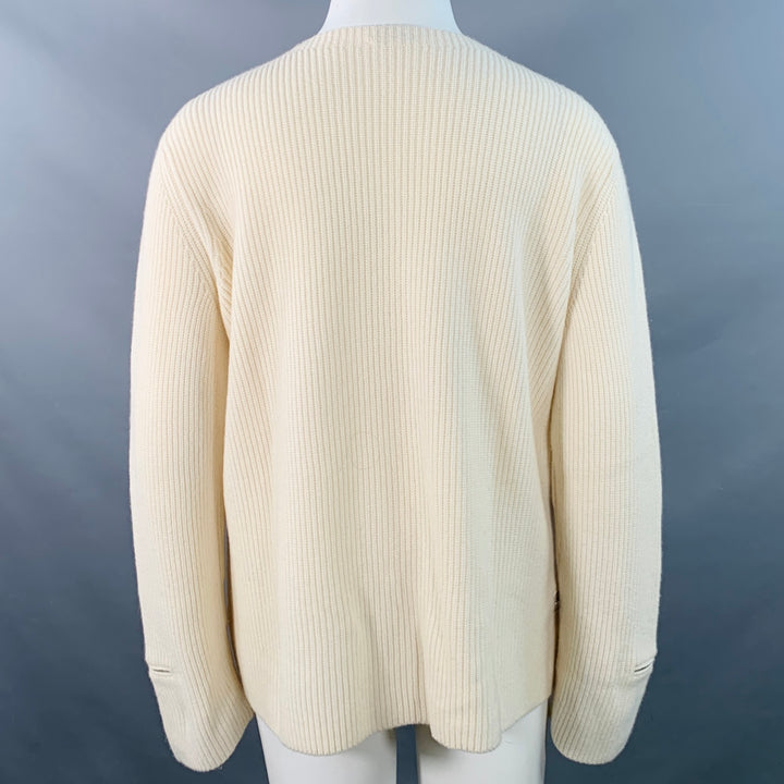 AKRIS Size 14 Off White Cashmere Rib Knit Zippers Crew Neck Sweater