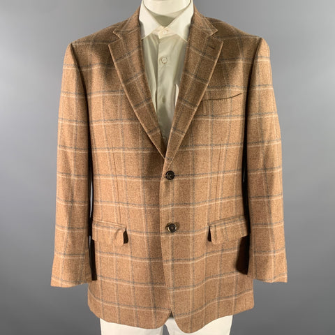 ISAIA Size 46 Brown Blue Grey Plaid Cashmere Notch Lapel Sport Coat