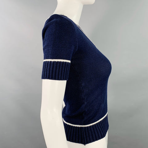 COURREGES Size 0 Navy White Cotton Blend Knit V-Neck Casual Top