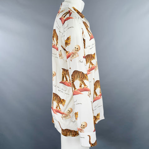 ENDLESS JOY Size M White Brown Tiger Skeleton Print Rayon Long Sleeve Shirt