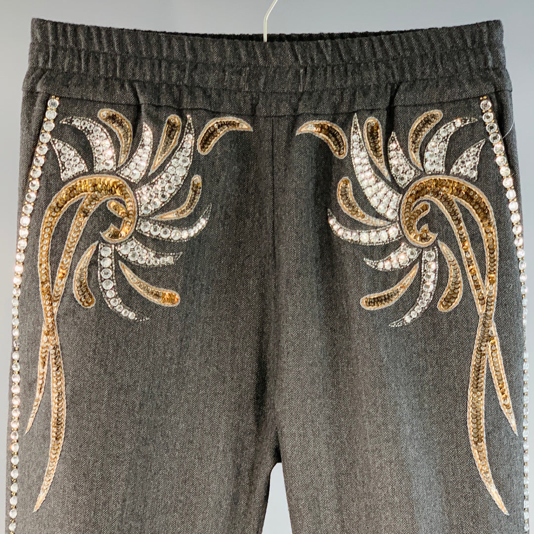 DRIES VAN NOTEN Size 28 Grey Silver Gold Herringbone Rhinestones Beaded Wool Dress Pants
