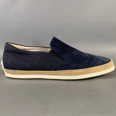 TOD'S Size 10.5 Navy Textured Suede & Canvas Slip On Loafers