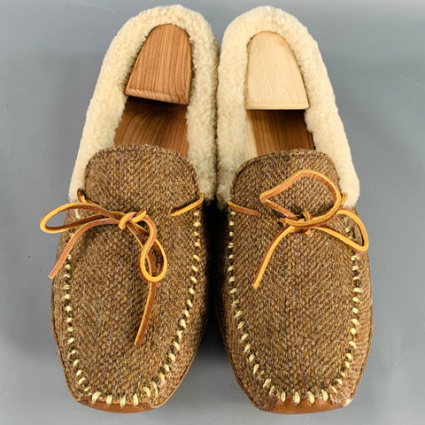 RALPH LAUREN Size 10.5 Yarmond Brown Cream Herringbone Wool Moccasin Loafers