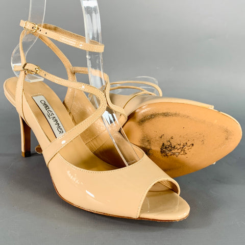 CHARLES KAMMER Size 6 Beige Nude Patent Leather Peep Toe Strappy Sandals