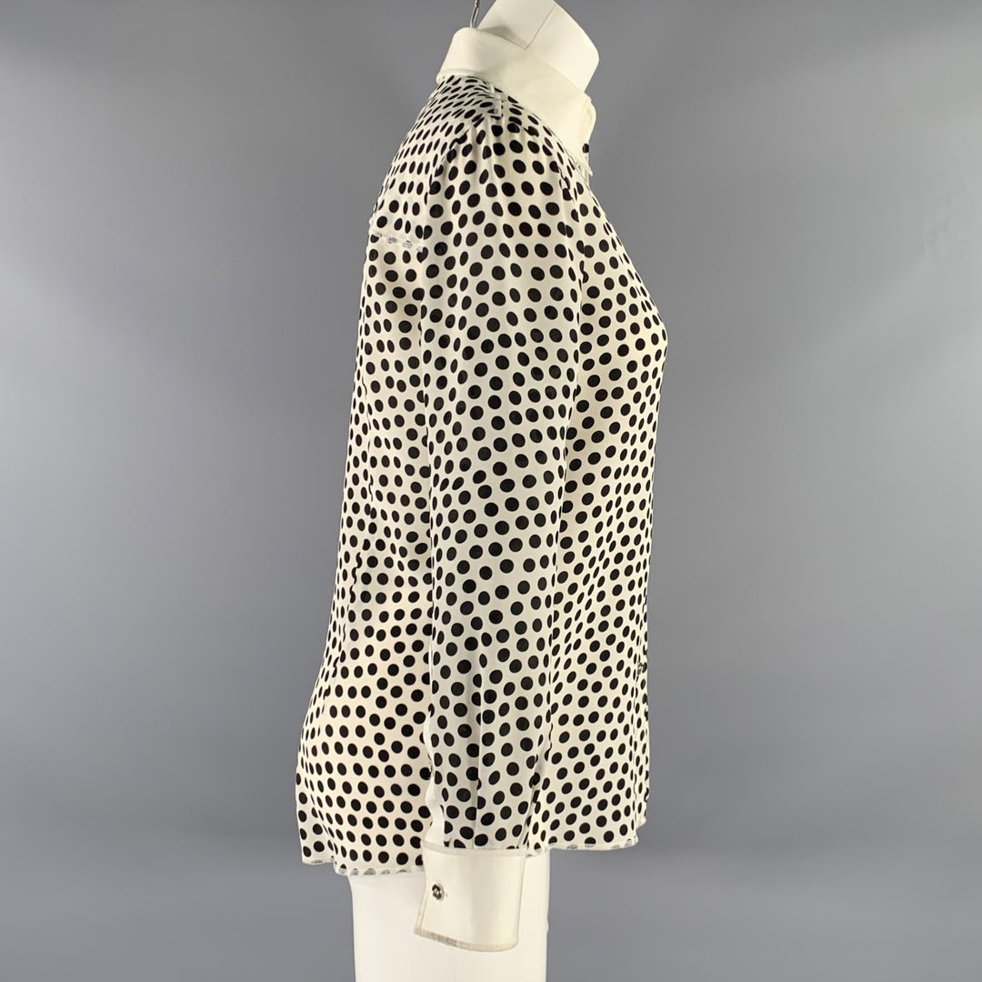 DOLCE & GABBANA Size S White Black Silk Spotted Pointed Collar Dress Top