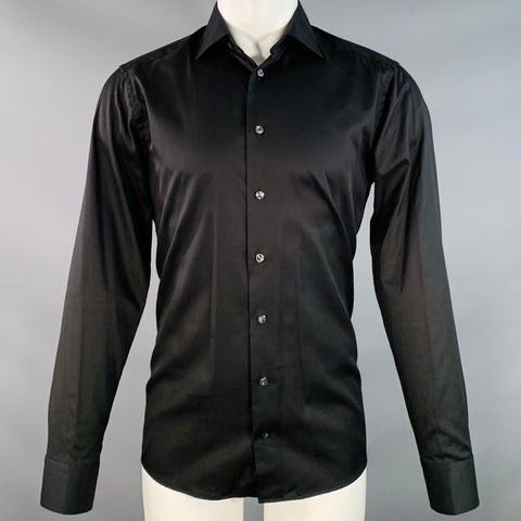 Chemise à manches longues boutonnée ETON, taille 39, en twill de coton noir, col italien.